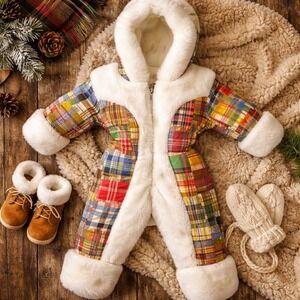 Vintage Rustic Patchwork Baby Snowsuit Faux Fur Hood Cozy Cabin Winter 0–6M